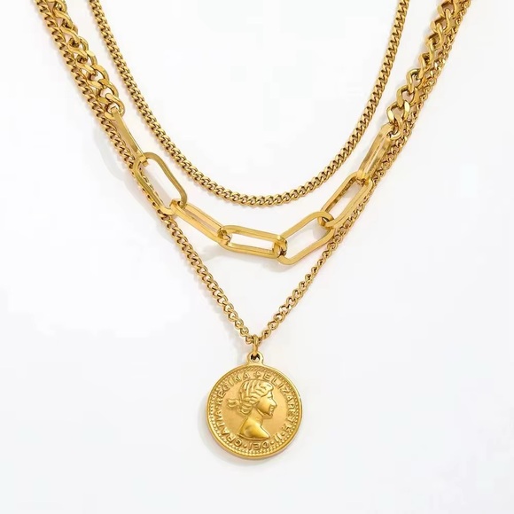 18K Gold Plated Layered Coin Necklace | Waterproof Jewelry - Picture 1 of 10